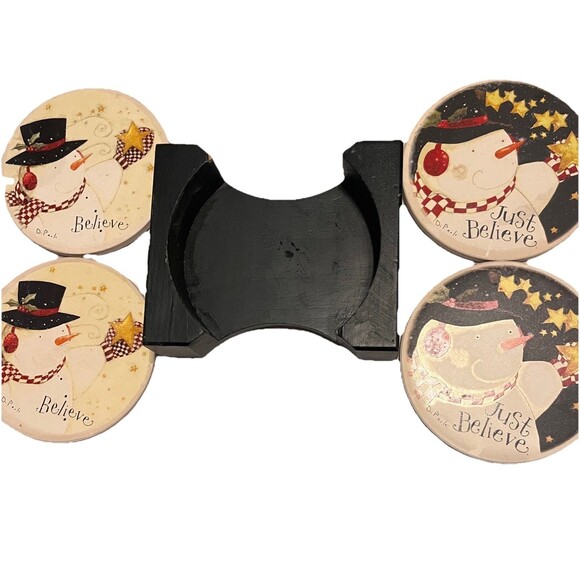 Vintage Holiday Snowman Coaster Set w Holder Just Believe Ceramic Cork Back Y2K - Picture 4 of 6